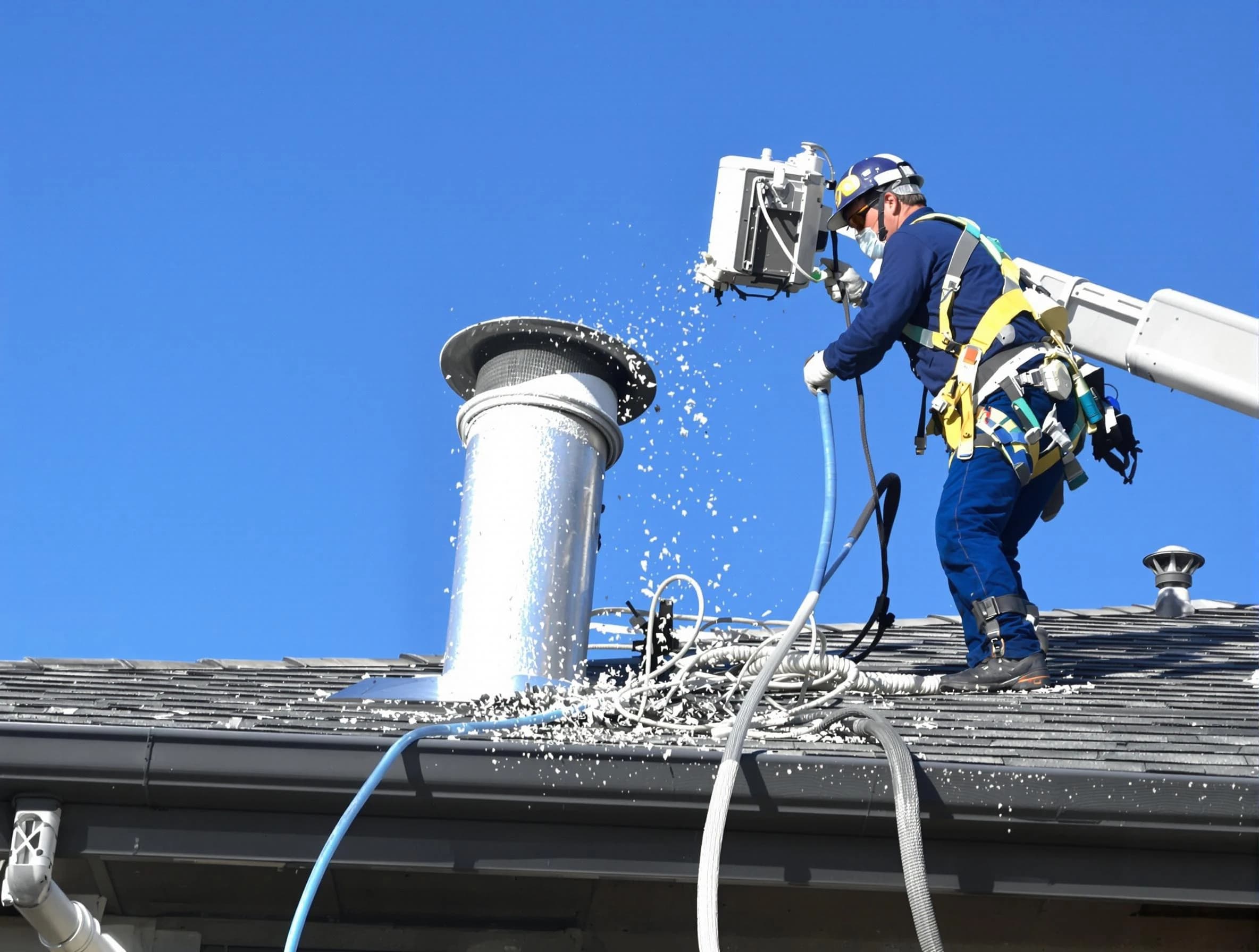 Richland Dryer Vent Cleaning certified technician safely cleaning a roof-mounted dryer vent in Richland