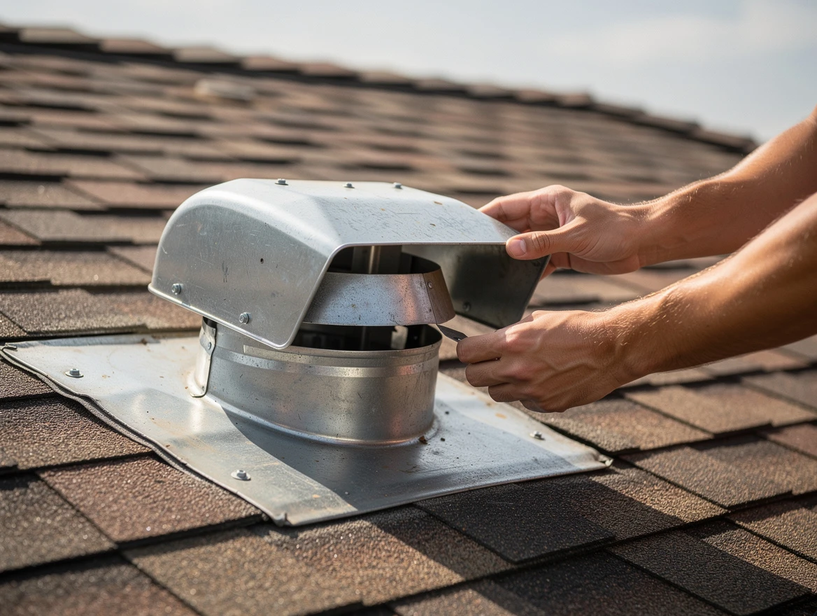 Richland Dryer Vent Cleaning certified technician safely cleaning a roof-mounted dryer vent in Richland