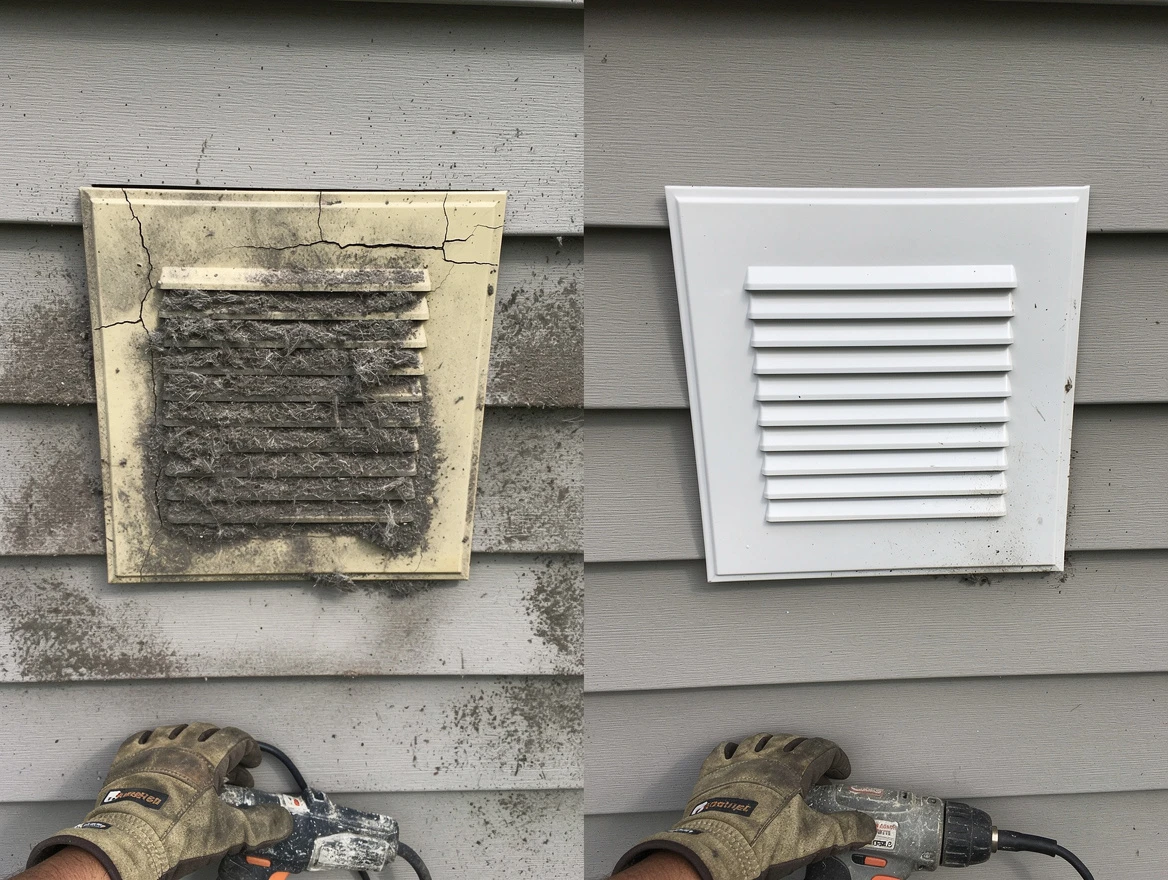 Richland Dryer Vent Cleaning technician installing high-quality dryer vent cover at a residential property in Richland